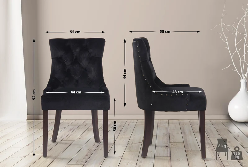 Chaise de salle à manger assise design classique boutons décoratifs en velours noir et pieds en bois marron 10_0001928
