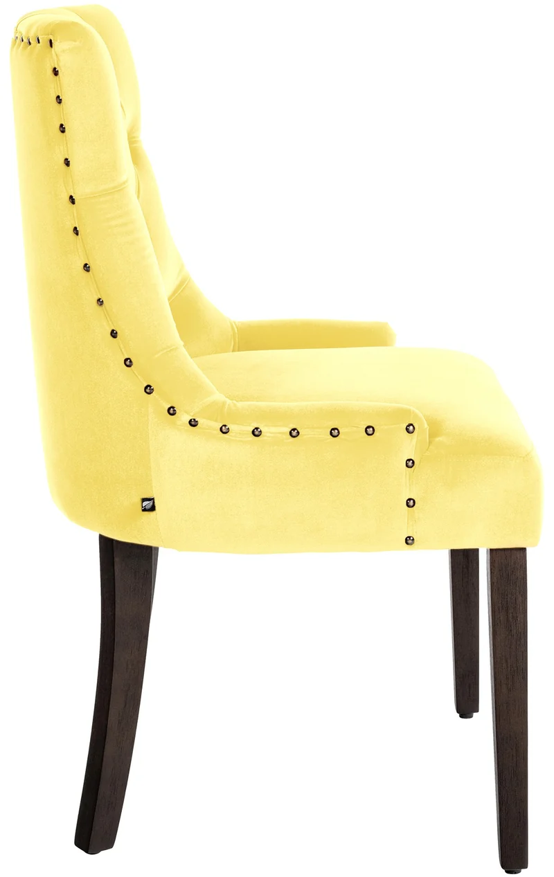 Chaise de salle à manger x1 design antique capitonné en velours jaune avec 4 pieds en bois marron 10_0001937