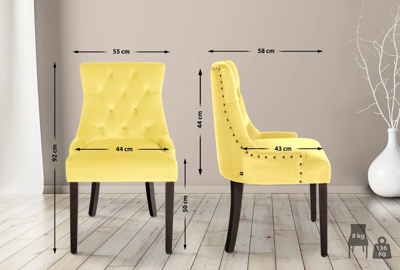 Chaise de salle à manger x1 design antique capitonné en velours jaune avec 4 pieds en bois marron 10_0001937