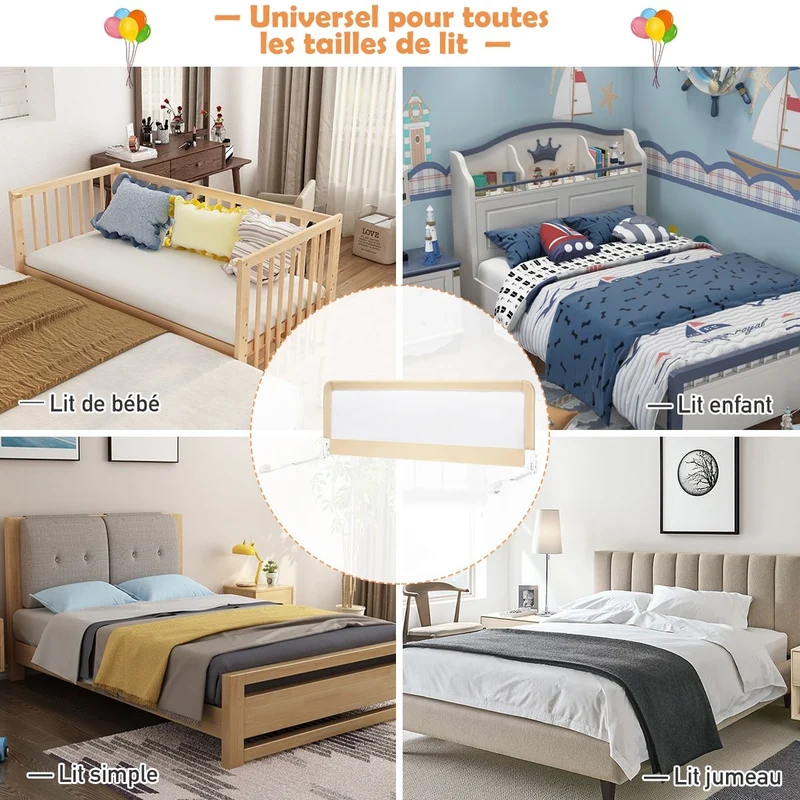 Barrière de lit bébé hauteur ajustable avec tissu en maille durable ceinture de fixation beige 20_0000222