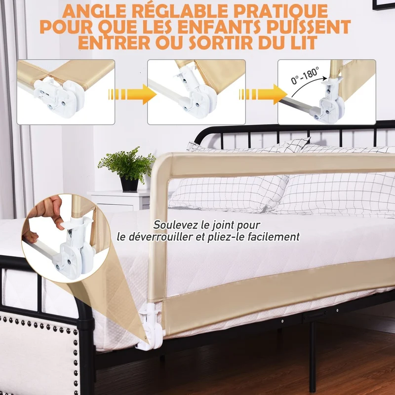Barrière de lit bébé hauteur ajustable avec tissu en maille durable ceinture de fixation beige 20_0000222