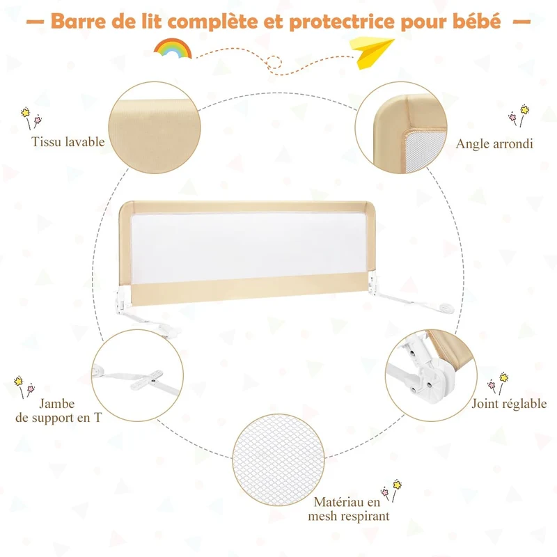 Barrière de lit bébé hauteur ajustable avec tissu en maille durable ceinture de fixation beige 20_0000222