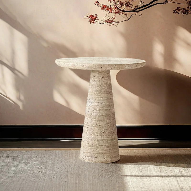 Contemporary Scandinavian Natural Travertine Round Conical End Table 1-Tier For Living Room