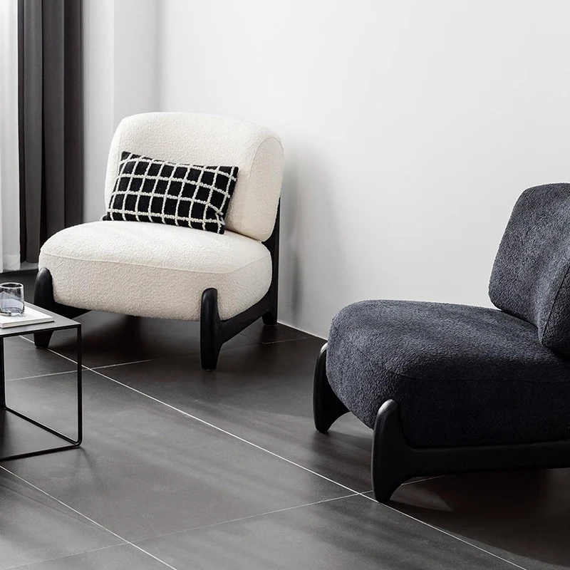Contemporary Scandinavian Sherpa Fabric Velvet Solid Wood Curved Square Accent Chair With Backrest For Living Room