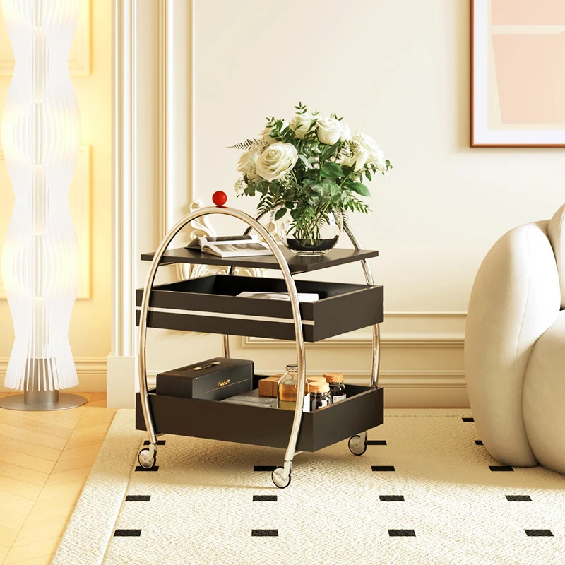 Traditional Chinese Stainless Steel Panel Rectangular Arched Mobile Side Table With 3 Tiers For Living Room