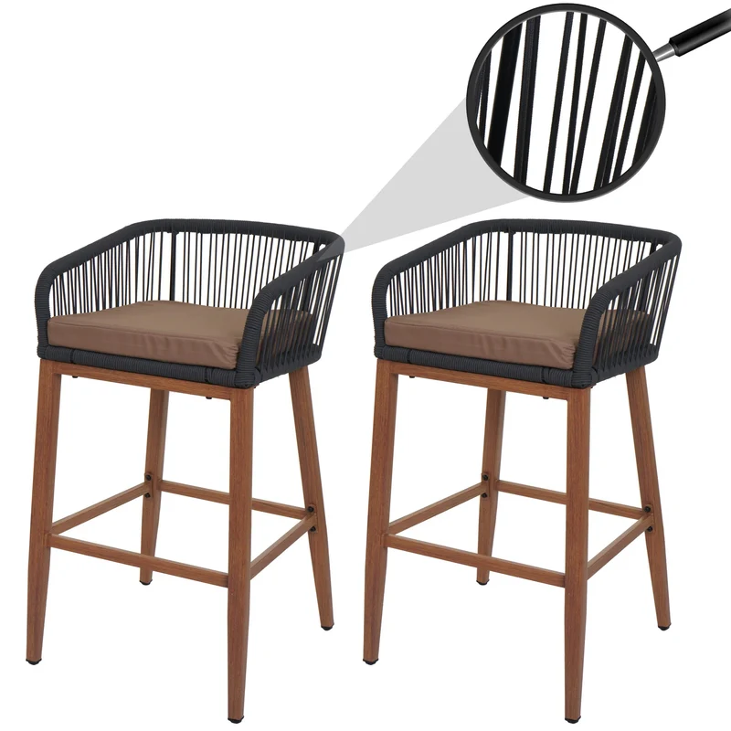 Lot de 2 tabourets de bar avec tressage en corde anthracite et structure métal aspect bois avec coussins taupe 04_0009608