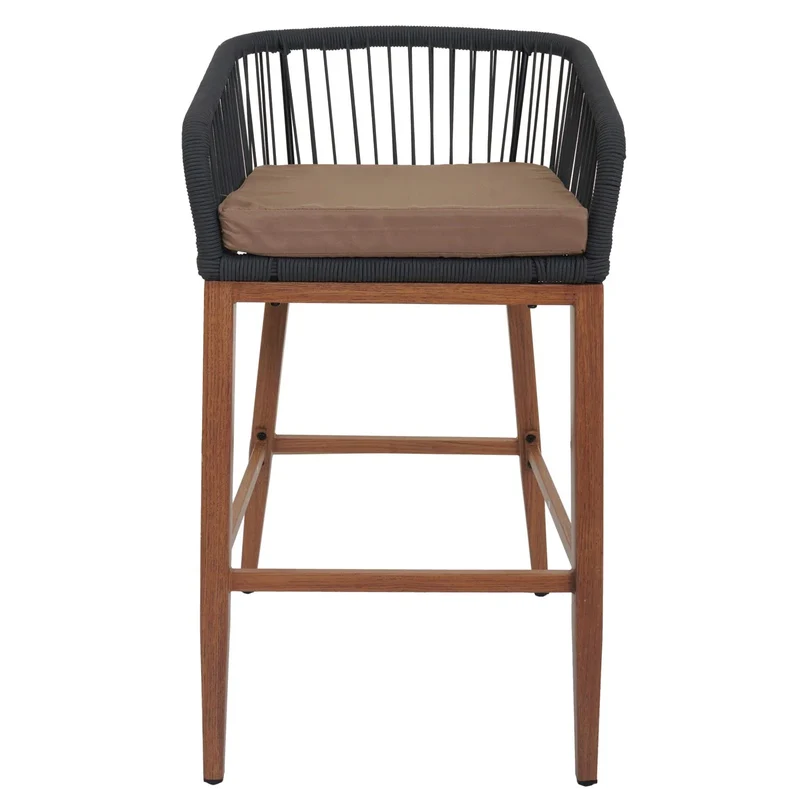 Lot de 2 tabourets de bar avec tressage en corde anthracite et structure métal aspect bois avec coussins taupe 04_0009608