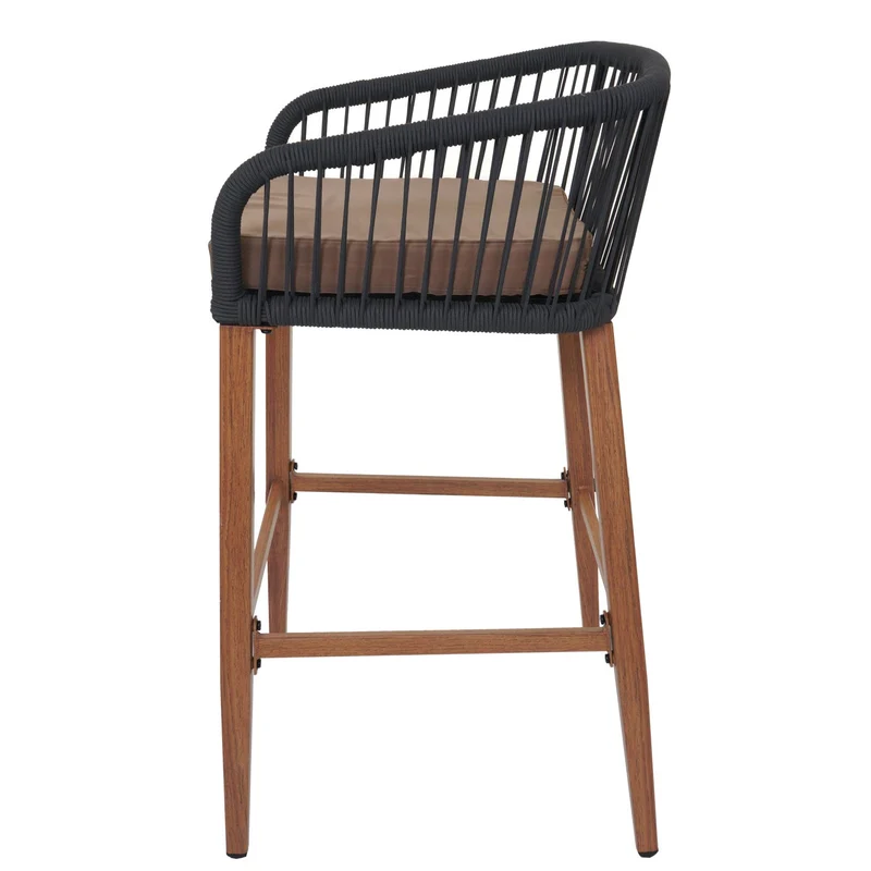 Lot de 2 tabourets de bar avec tressage en corde anthracite et structure métal aspect bois avec coussins taupe 04_0009608