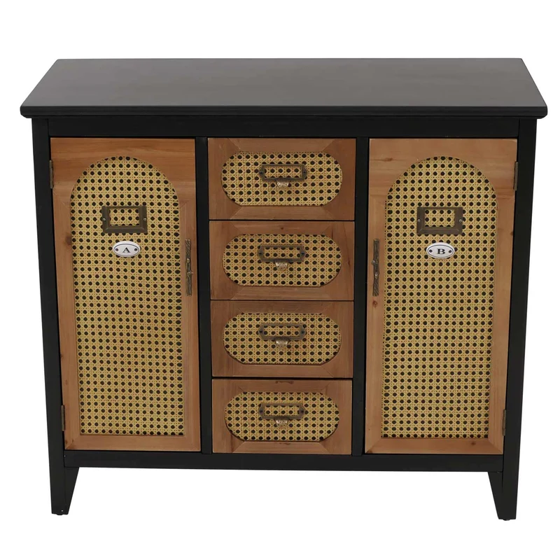 Commode style apothicaire buffet meuble de rangement avec tiroirs et portes style vintage rotin 80 x 91 x 40 cm structure noire 04_0009114