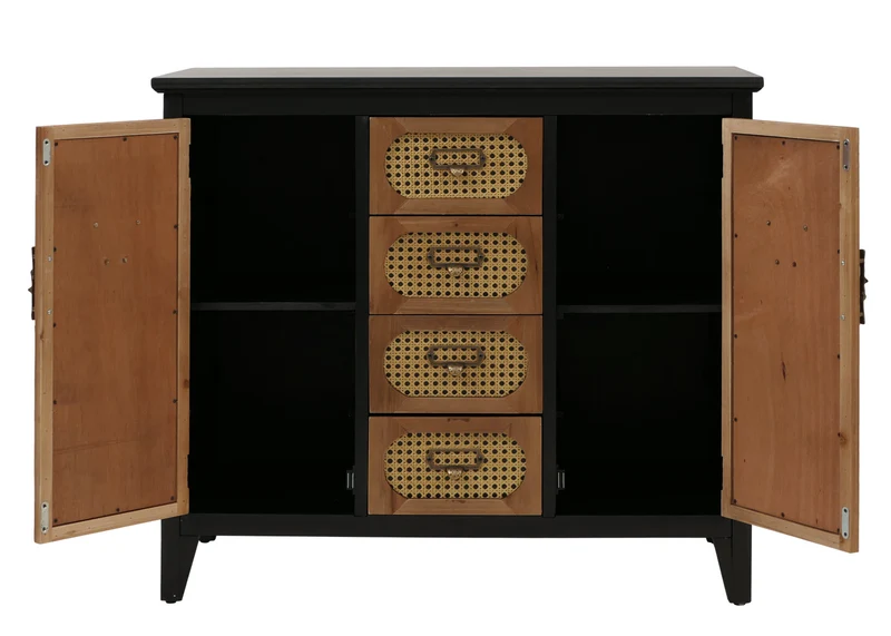Commode style apothicaire buffet meuble de rangement avec tiroirs et portes style vintage rotin 80 x 91 x 40 cm structure noire 04_0009114