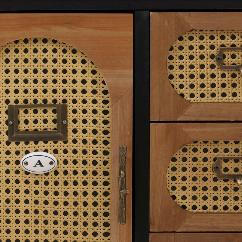 Commode style apothicaire buffet meuble de rangement avec tiroirs et portes style vintage rotin 80 x 91 x 40 cm structure noire 04_0009114