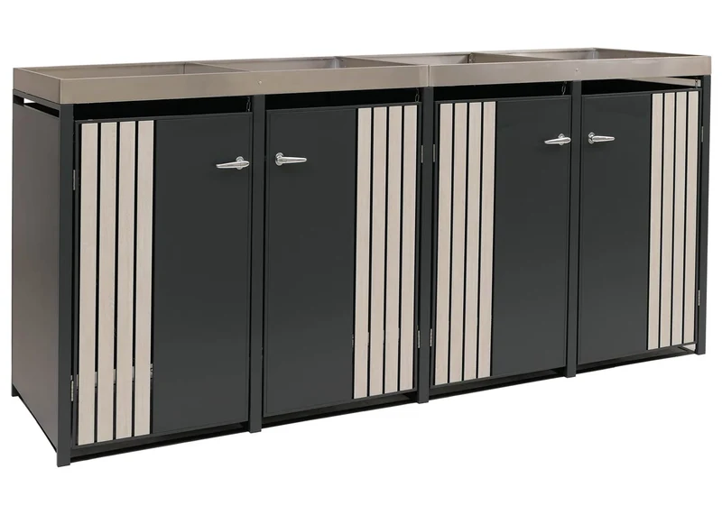 Abri pour 4 poubelles avec bac à plantes coffre poubelles 125 x 260 x 84 cm en métal anthracite aspect bois clair 04_0009314