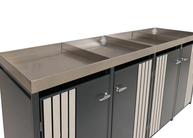 Abri pour 4 poubelles avec bac à plantes coffre poubelles 125 x 260 x 84 cm en métal anthracite aspect bois clair 04_0009314