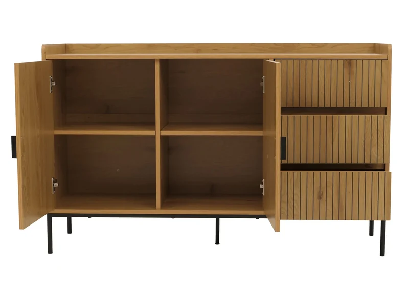 Buffet commode meuble de rangement avec 3 tiroirs et 2 portes 80 x 130 x 42 cm bois mélaminé finition naturelle au design à lamelles 04_0009423