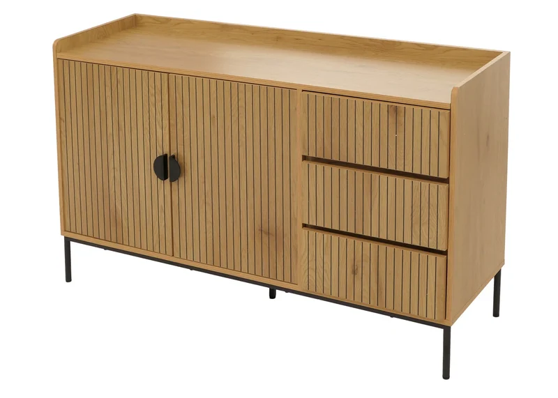 Buffet commode meuble de rangement avec 3 tiroirs et 2 portes 80 x 130 x 42 cm bois mélaminé finition naturelle au design à lamelles 04_0009423