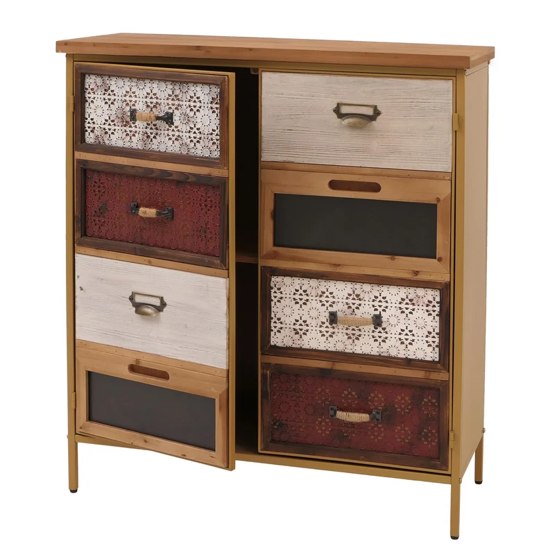 Commode style apothicaire buffet meuble de rangement avec portes style vintage shabby 94 x 80 x 35 cm façades décoratives aux motifs colorés rouge bleu 04_0009127