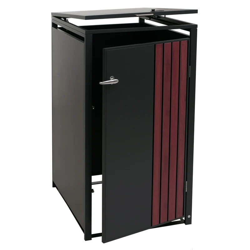 Abri pour poubelle coffre pour poubelle avec couvercle 122 x 68 x 84 cm en métal anthracite aspect bois foncé 04_0009353