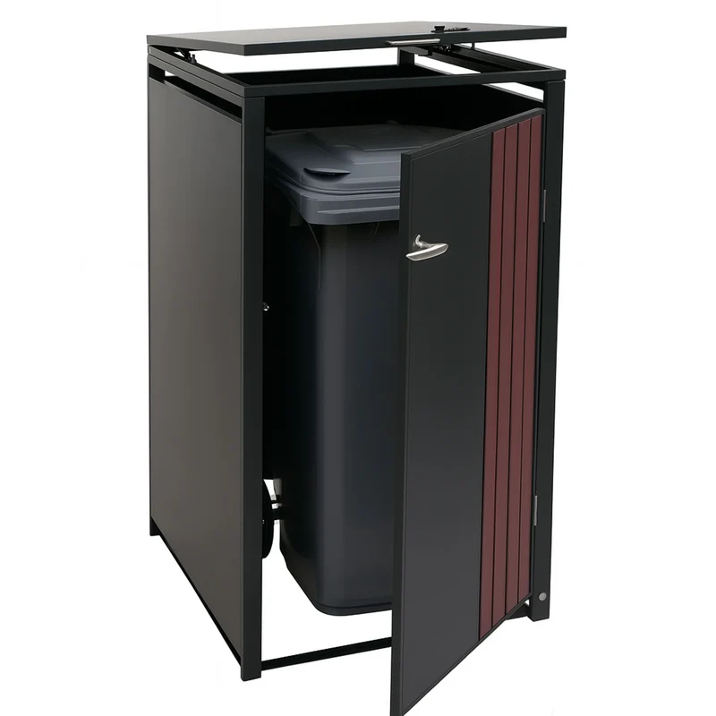 Abri pour poubelle coffre pour poubelle avec couvercle 122 x 68 x 84 cm en métal anthracite aspect bois foncé 04_0009353