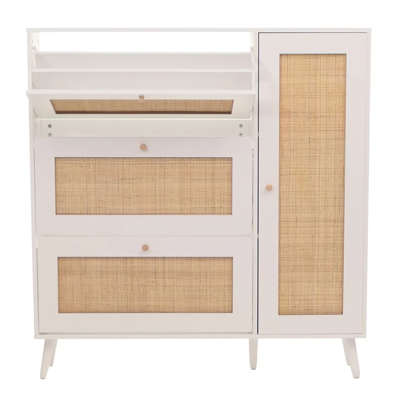 Meuble à chaussures armoire à chaussures avec 3 compartiments basculants et 2 étagères 127 x 120 x 24 cm bois mélaminé blanc avec rotin Kubu naturel 04_0009451