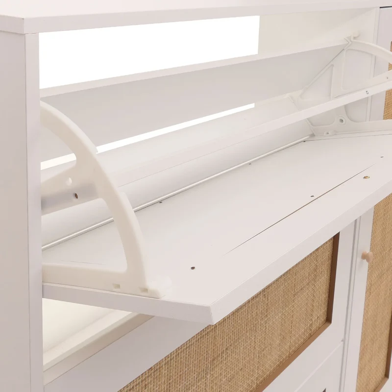 Meuble à chaussures armoire à chaussures avec 3 compartiments basculants et 2 étagères 127 x 120 x 24 cm bois mélaminé blanc avec rotin Kubu naturel 04_0009451