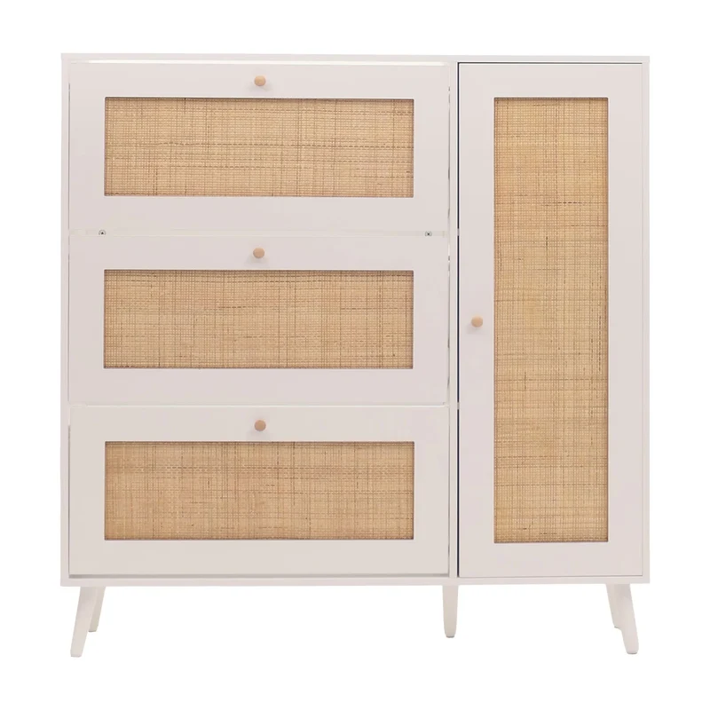Meuble à chaussures armoire à chaussures avec 3 compartiments basculants et 2 étagères 127 x 120 x 24 cm bois mélaminé blanc avec rotin Kubu naturel 04_0009451