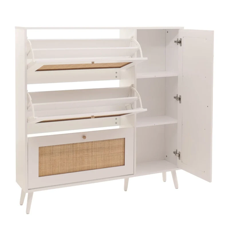 Meuble à chaussures armoire à chaussures avec 3 compartiments basculants et 2 étagères 127 x 120 x 24 cm bois mélaminé blanc avec rotin Kubu naturel 04_0009451