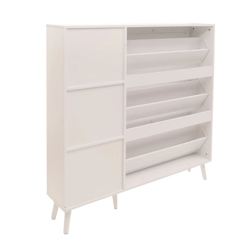 Meuble à chaussures armoire à chaussures avec 3 compartiments basculants et 2 étagères 127 x 120 x 24 cm bois mélaminé blanc avec rotin Kubu naturel 04_0009451