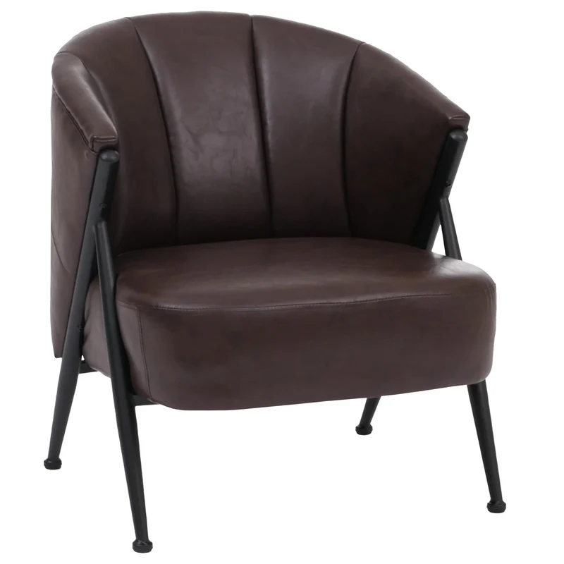 Fauteuil lounge club style vintage industriel coutures décoratives métal et simili cuir marron foncé 04_0008992