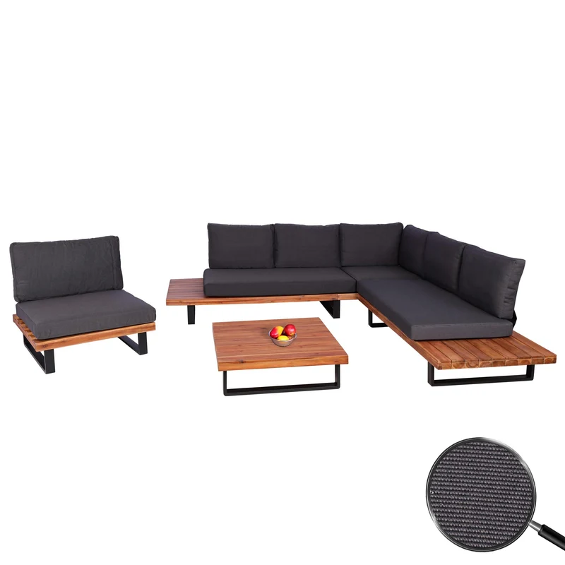 Salon de jardin avec fauteuil ensemble lounge en aluminium et bois d’acacia marron avec coussins gris foncé 04_0010293