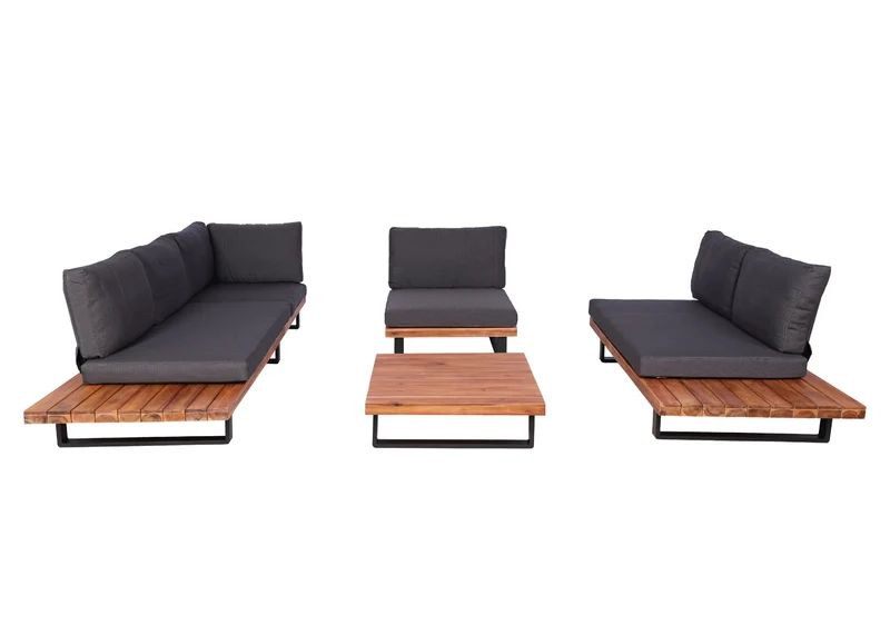 Salon de jardin avec fauteuil ensemble lounge en aluminium et bois d’acacia marron avec coussins gris foncé 04_0010293