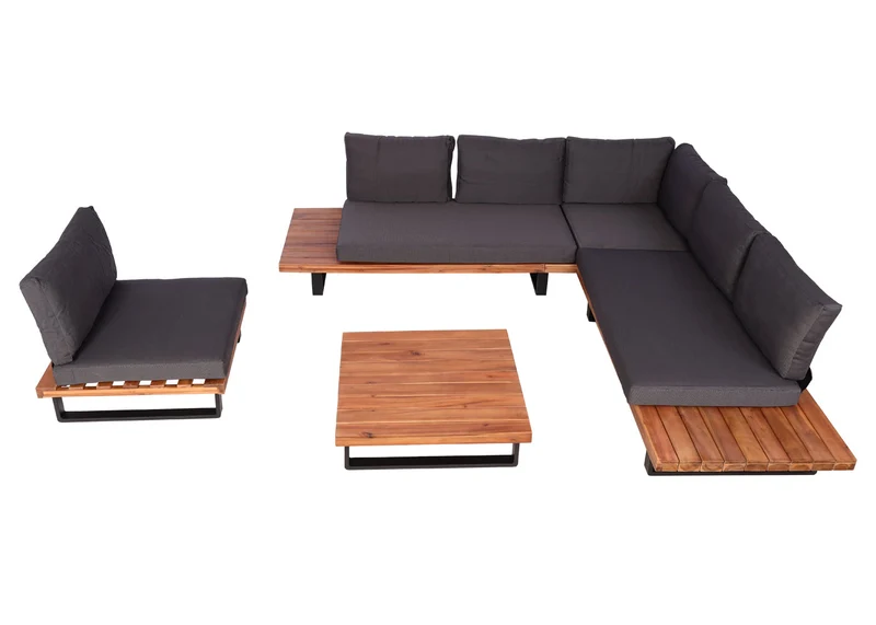 Salon de jardin avec fauteuil ensemble lounge en aluminium et bois d’acacia marron avec coussins gris foncé 04_0010293