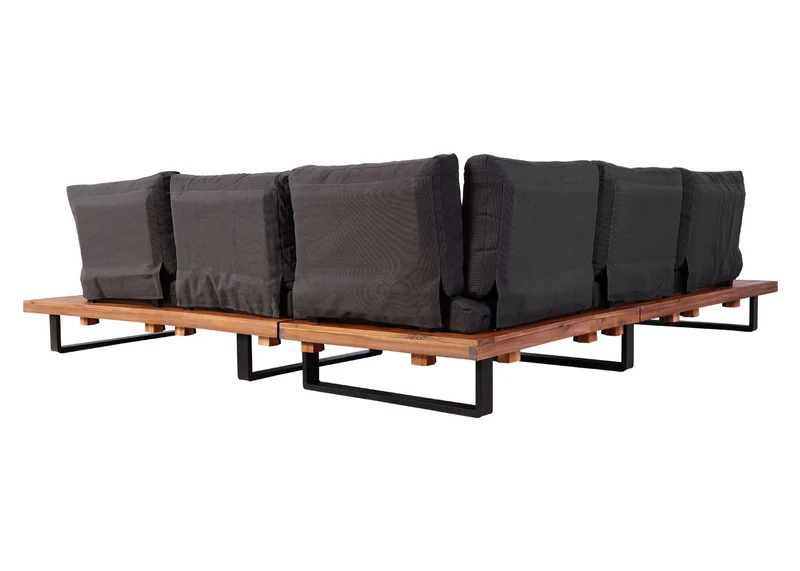 Salon de jardin avec fauteuil ensemble lounge en aluminium et bois d’acacia marron avec coussins gris foncé 04_0010293