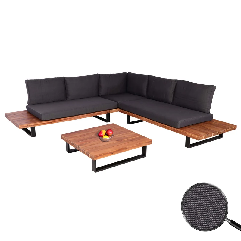 Salon de jardin ensemble lounge 5 places 255x255 cm aluminium et bois d’acacia avec coussins gris foncé 04_0010294