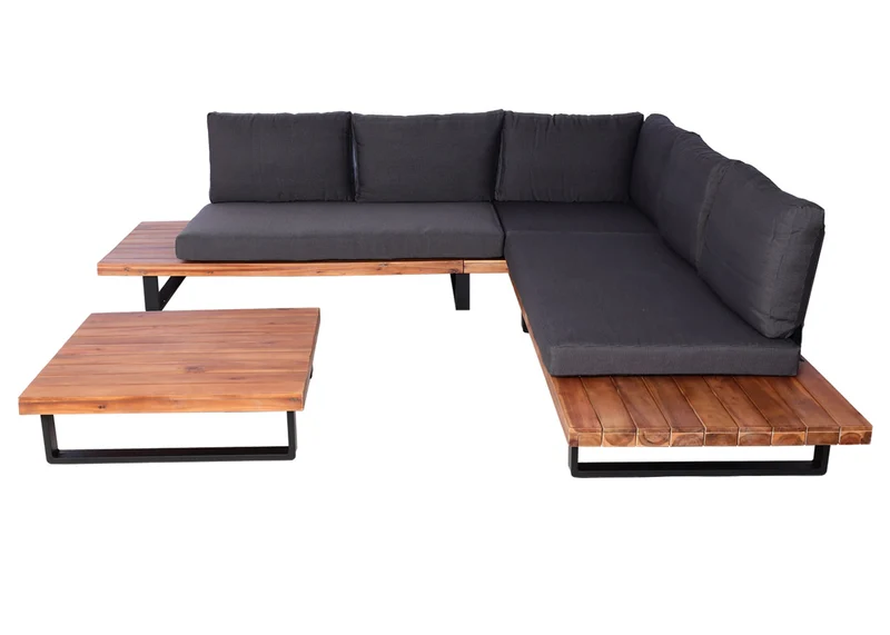 Salon de jardin ensemble lounge 5 places 255x255 cm aluminium et bois d’acacia avec coussins gris foncé 04_0010294