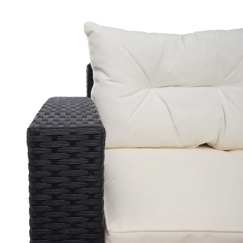 Salon de jardin en poly-rotin noir ensemble lounge balcon terrasse canapé avec rangement avec coussins crème-beige 04_0004220
