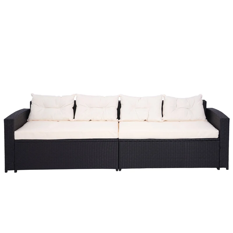 Salon de jardin en poly-rotin noir ensemble lounge balcon terrasse canapé avec rangement avec coussins crème-beige 04_0004220