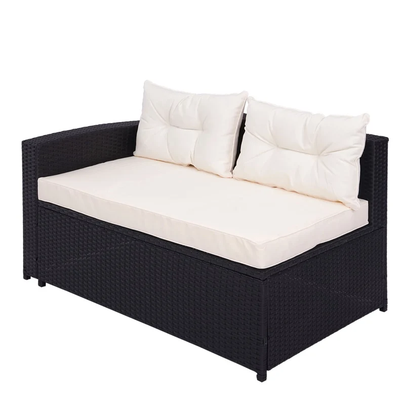 Salon de jardin en poly-rotin noir ensemble lounge balcon terrasse canapé avec rangement avec coussins crème-beige 04_0004220
