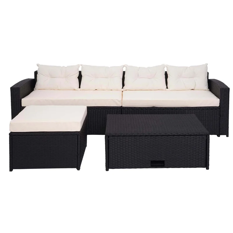 Salon de jardin en poly-rotin noir ensemble lounge balcon terrasse canapé avec rangement avec coussins crème-beige 04_0004220