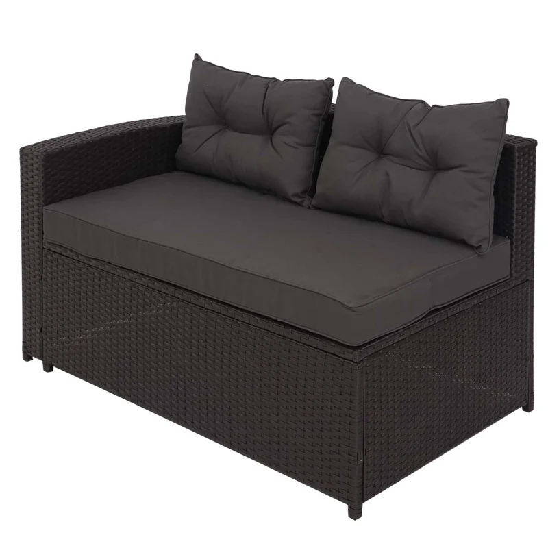 Salon de jardin en poly-rotin noir ensemble lounge balcon terrasse canapé avec rangement avec coussins gris foncé 04_0004205