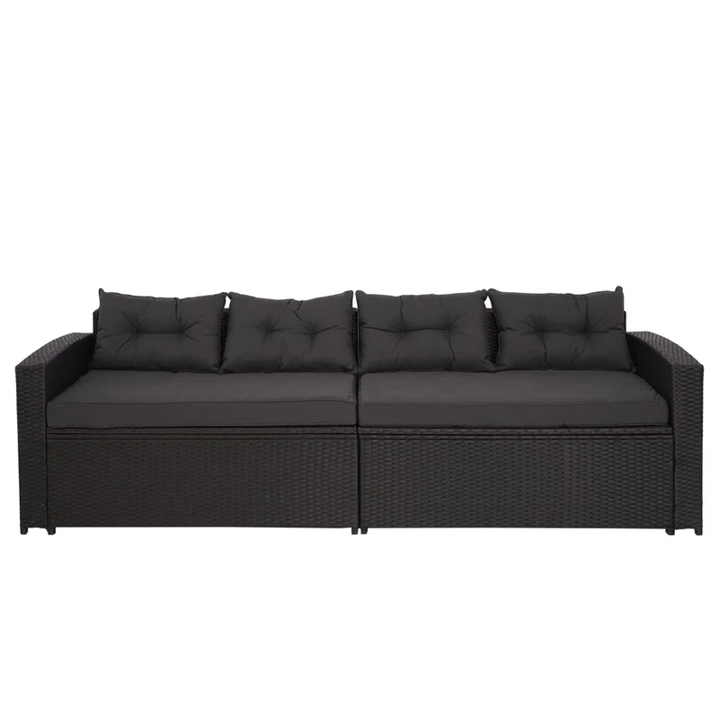 Salon de jardin en poly-rotin noir ensemble lounge balcon terrasse canapé avec rangement avec coussins gris foncé 04_0004205