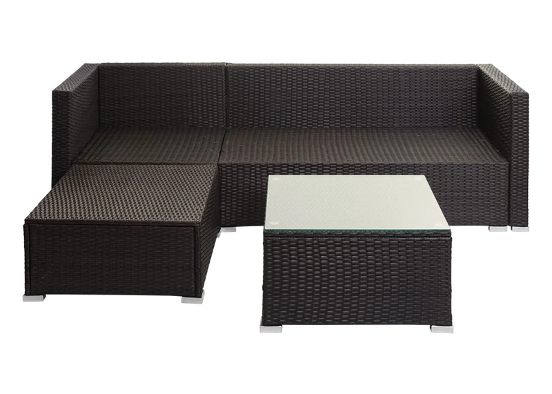 Salon de jardin en poly-rotin marron ensemble lounge balcon terrasse canapé avec table avec coussins gris foncé 04_0003249