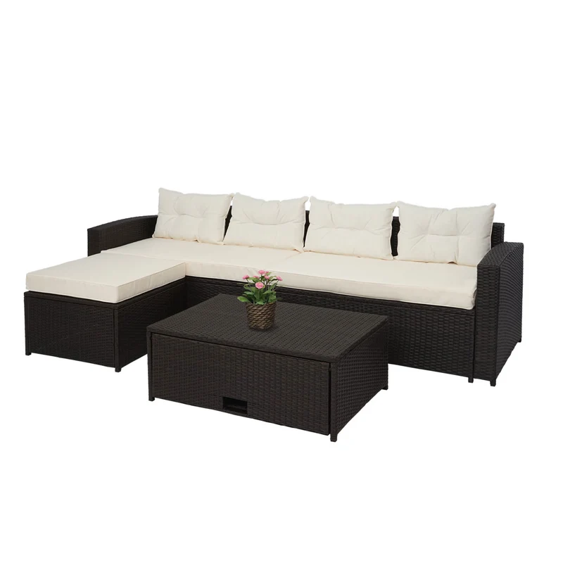 Salon de jardin en poly-rotin marron ensemble lounge balcon terrasse canapé avec rangement avec coussins crème-beige 04_0002823