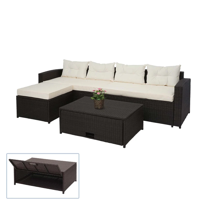 Salon de jardin en poly-rotin marron ensemble lounge balcon terrasse canapé avec rangement avec coussins crème-beige 04_0002823