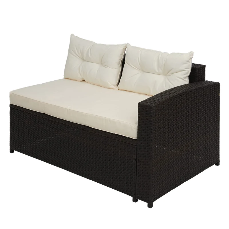 Salon de jardin en poly-rotin marron ensemble lounge balcon terrasse canapé avec rangement avec coussins crème-beige 04_0002823