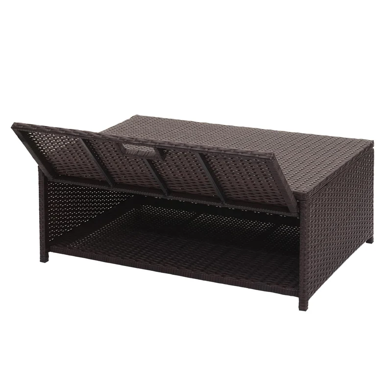 Salon de jardin en poly-rotin marron ensemble lounge balcon terrasse canapé avec rangement avec coussins crème-beige 04_0002823