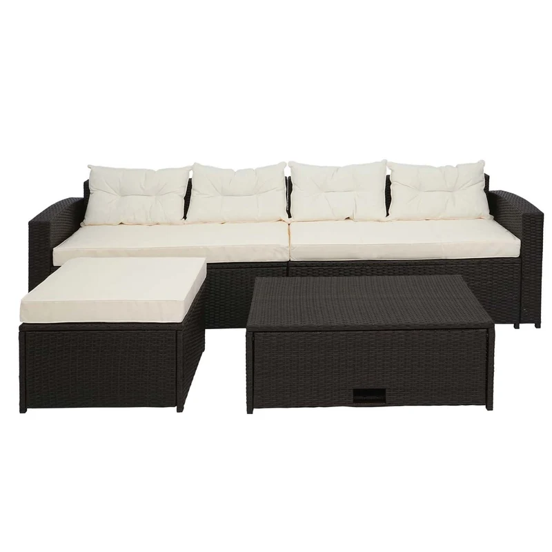 Salon de jardin en poly-rotin marron ensemble lounge balcon terrasse canapé avec rangement avec coussins crème-beige 04_0002823