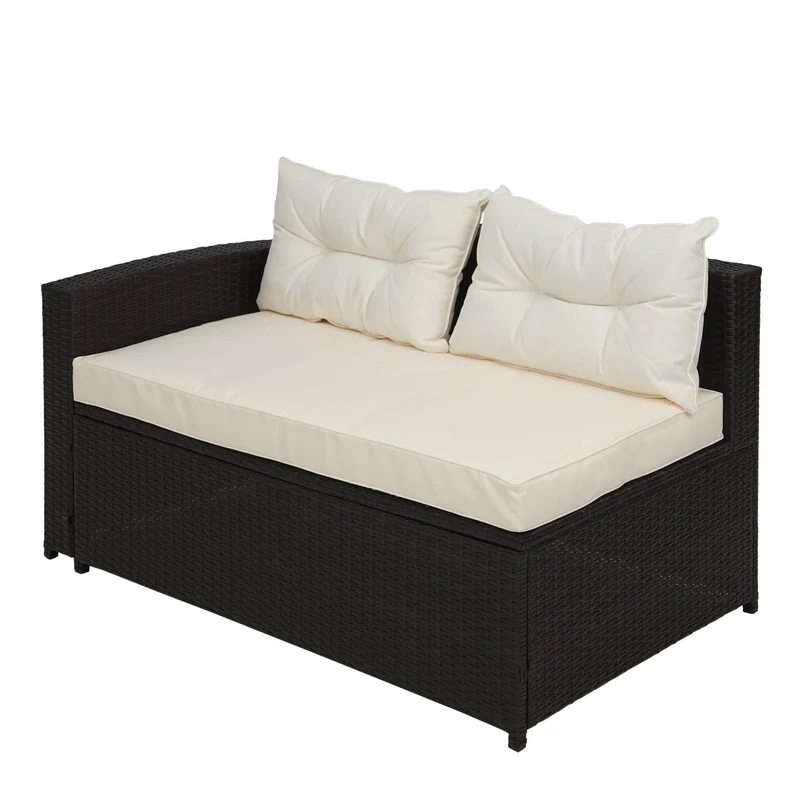 Salon de jardin en poly-rotin marron ensemble lounge balcon terrasse canapé avec rangement avec coussins crème-beige 04_0002823