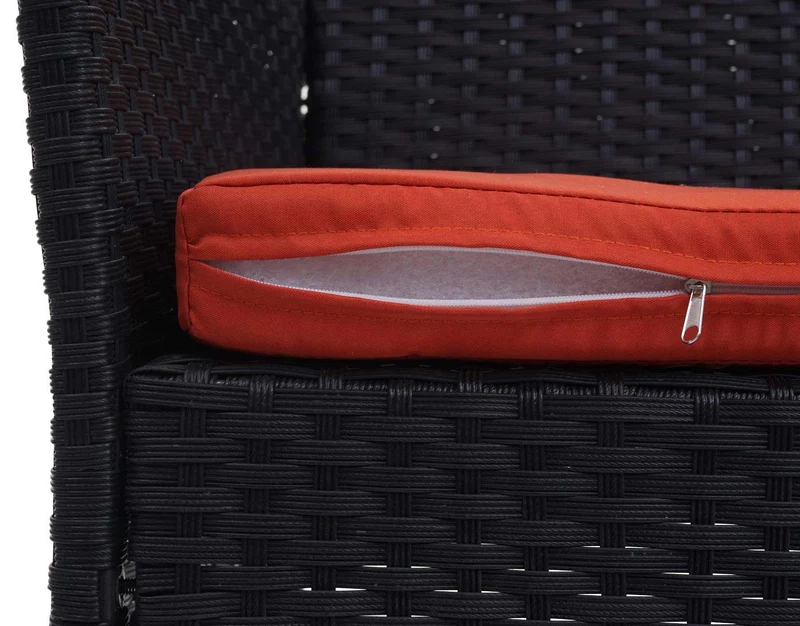 Banc de jardin en poly-rotin noir banc extérieur avec accoudoirs avec coussin terracotta 04_0001134