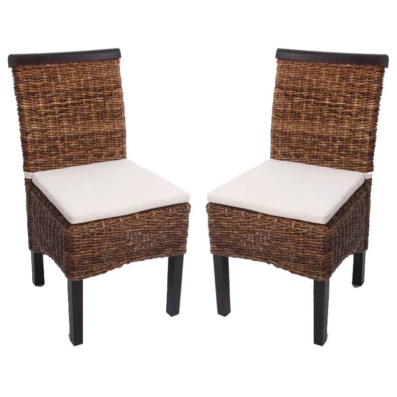 Lot de 2 chaises de salle à manger en tressage de feuilles de bananier finition foncée avec coussins 04_0000196