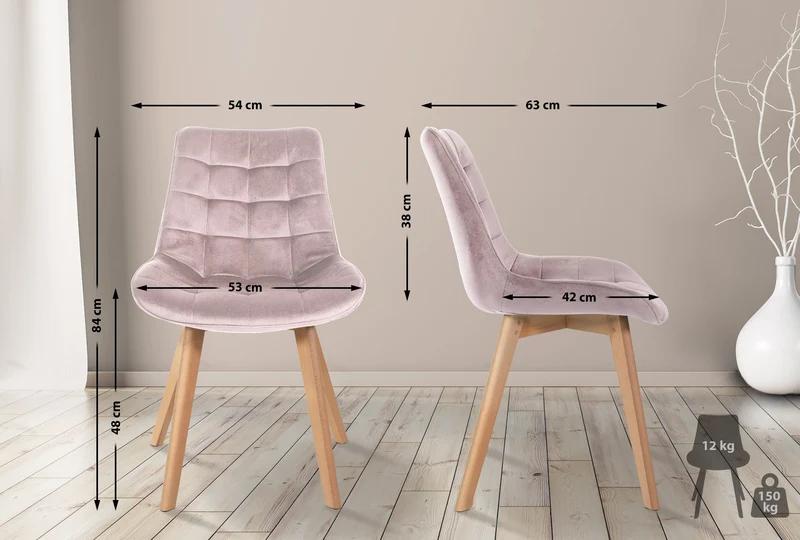 Chaise de salle à manger x1 design scandinave coutures carrées en velours rose pieds en bois clair 10_0002189